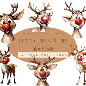 Clipart di renne stravaganti ad acquerello, clipart di cervi di Natale, clipart di renne divertenti, creazione di biglietti, PNG di Natale, design di diario spazzatura