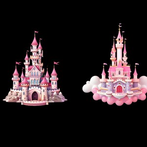 May include: Two pink and white fairytale castles with towers and spires, one on a cloud and one on a rocky base.