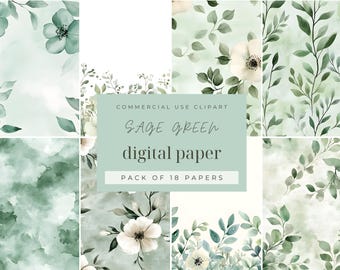 Salbei-grünes Florales Papier: Aquarell Hintergründe (Digitaler Download)