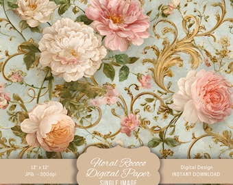 Papel digital floral rococó, fondo imprimible vintage, patrón para álbumes de recortes, diseño elegante