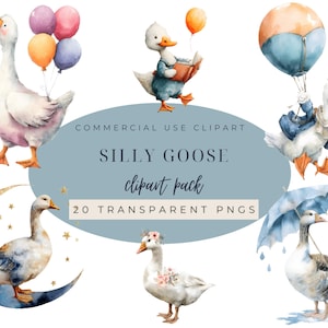 Goose with Balloon Clipart, Cute Silly Goose for Birthday, Baby Shower, Watercolor Digital Download, Art PNG
