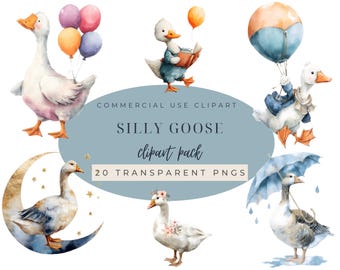 Watercolor Goose with Balloon Clipart: Cottagecore PNG (Digital Download