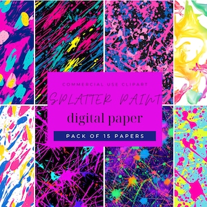Commercial Use, Neon Paint Splatter Digital Papers Instant Download, Clip Art, Seamless Neon Patterns, Boho Patterns, Junk Journal