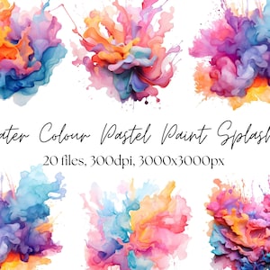 Clipart splash aquarelle de couleurs pastel : ensemble PNG abstrait (téléchargement instantané)