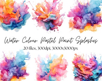 May include: 20 watercolor paint splatter graphics in pastel colors. Each graphic is 3000x3000 pixels and 300dpi.