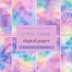 Könnte beinhalten: Ein Set mit 12 digitalen Papieren mit einem Aquarell-Batik-Muster in Rosa-, Lila-, Blau- und Grüntönen. Die Papiere sind mit "Cotton Candy Digital Paper, Pack of 12 Papers" beschriftet.
