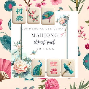 May include: A digital clipart pack featuring a Mahjong theme. The image showcases various tiles with floral and bird illustrations, along with a fan. The color palette includes pink, teal, and cream tones, with the text "MAHJONG clipart pack 29 PNGS".