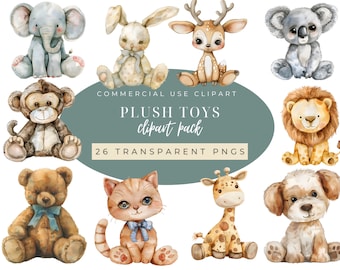 Watercolor Plush Animals Clipart: Nursery Art PNG Bundle (Digital Download)