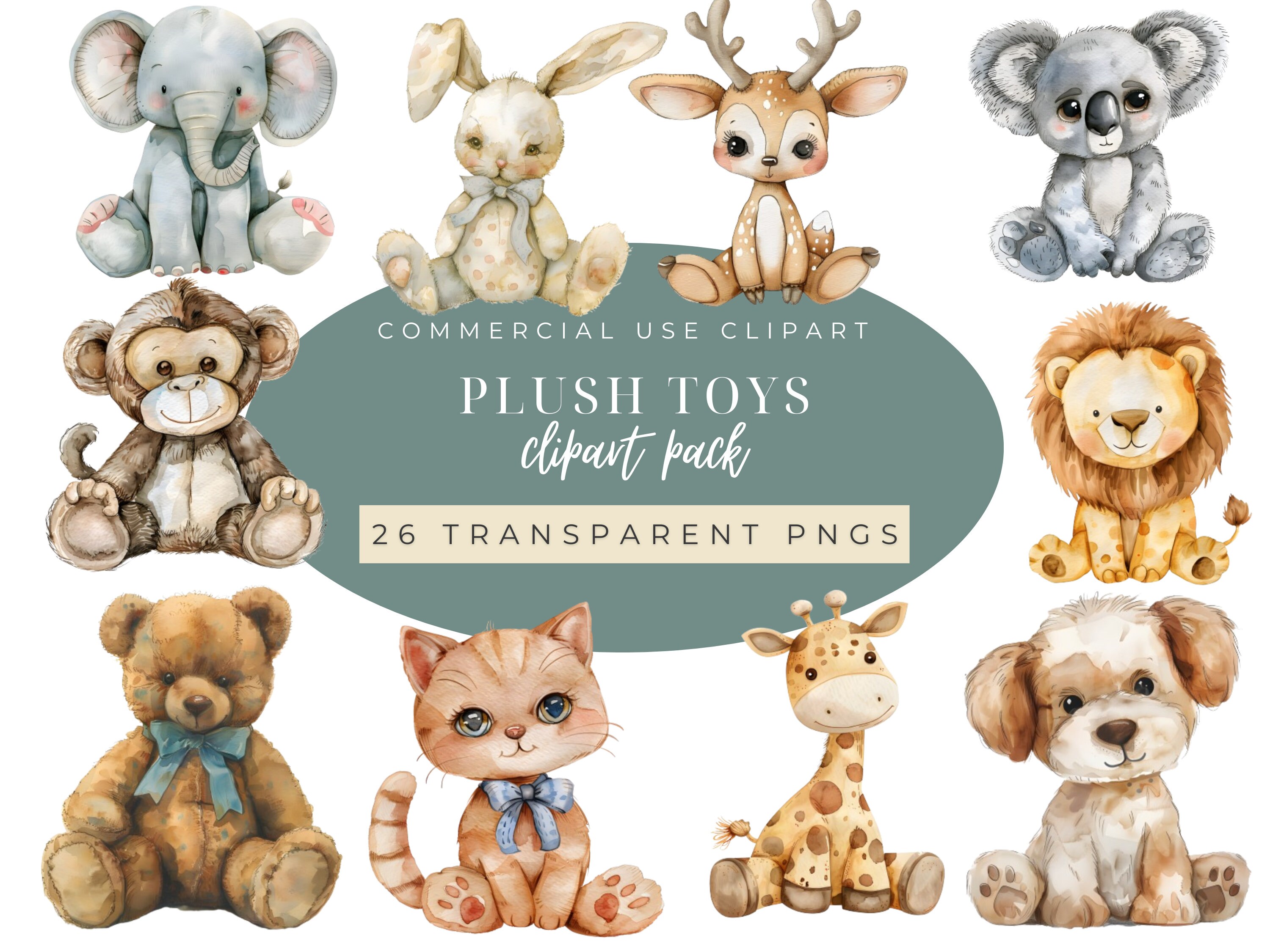 Watercolor Plush Animals Clipart: Nursery Art PNG Bundle (digital ...