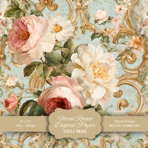 May include: Digital paper featuring a floral rococo design. The image showcases large roses and peonies in pink and white, set against a light blue backdrop with gold ornate accents. The text reads "Floral Rococo Digital Paper".