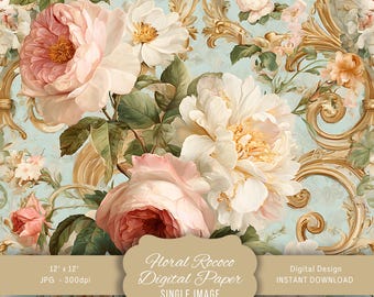 Papel digital floral rococó, fondo imprimible vintage, patrón para álbumes de recortes, diseño elegante