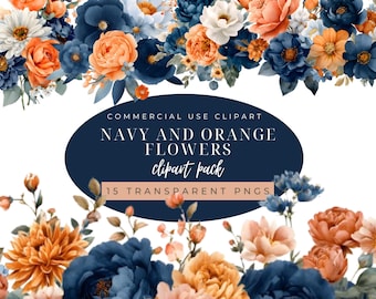 Navy and Orange Watercolor Flowers Clipart: Wedding Bouquets (Digital Download)