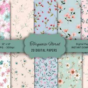 Puede incluir: Colección de 20 papeles digitales con diseños florales en tonos rosa, turquesa y beige. Los papeles presentan varios diseños florales, incluyendo flores de acuarela y delicadas ramitas. Cada papel mide 30,48 cm x 30,48 cm. El texto dice 'Torquoise Floral'.