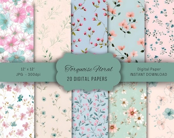 Seamless Digital Paper Turquoise, Teal Backgrounds, Floral Patterns, Instant Download for Crafts and Design