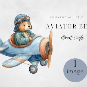 Little Aviator Clipart, Cute Airplane Clipart, Pilot Watercolor Art, Digital Download for Nursery Decor