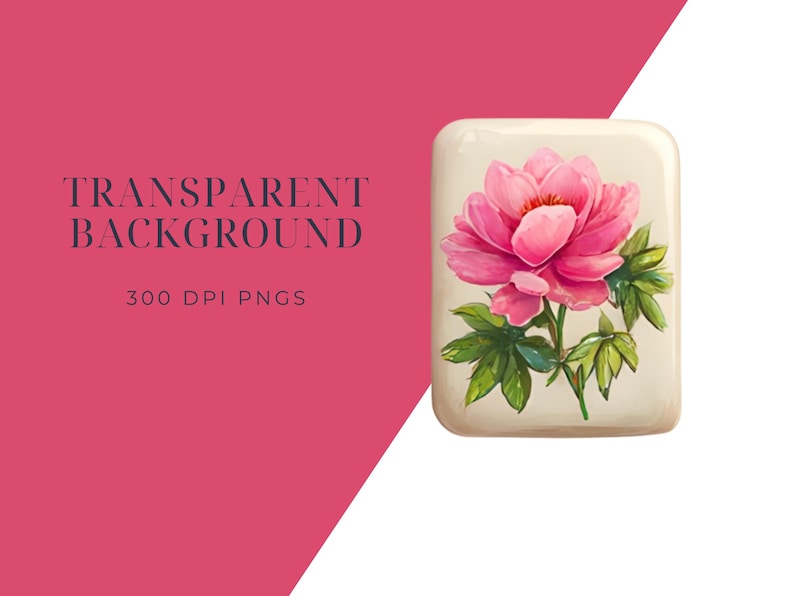 May include: A digital graphic featuring a pink peony flower with green leaves on a rectangular, off-white background. The image includes the text "TRANSPARENT BACKGROUND" and "300 DPI PNGS" on a pink background.
