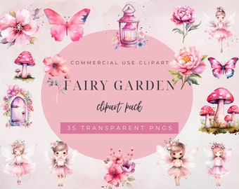 Op de afbeelding: Een set van 35 aquarel clipart-afbeeldingen met feeën, bloemen, paddenstoelen, vlinders en een lantaarn. De afbeeldingen zijn in tinten roze, paars en groen. De tekst "Fairy Garden clipart pack" is in zwart op een roze achtergrond geschreven.