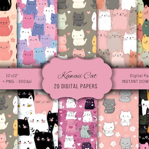 Kawaii Digital Papers, Cute Kitty Cat Patterns for Scrapbooking, Printable Seamless Backgrounds, 20 Designs