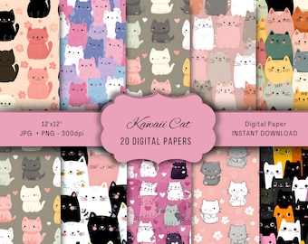 Kawaii Digital Papers, Cute Kitty Cat Patterns for Scrapbooking, Printable Seamless Backgrounds, 20 Designs