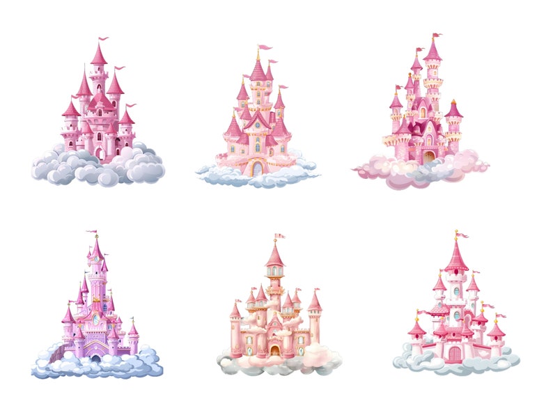 May include: Six pink fairytale castles with white clouds, each castle has a unique design and is floating in the air.