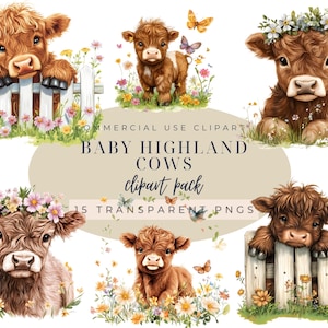 Baby Highland Cow PNG Clipart, Floral Cow Design for Sublimation, Digital Download, Cute Baby Cow with Flowers
