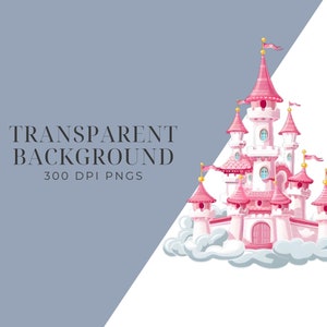 May include: A pink cartoon castle with white trim and windows, surrounded by fluffy white clouds. The castle has multiple towers and a pointed roof. The text "TRANSPARENT BACKGROUND 300 DPI PNGS" is visible in the background.