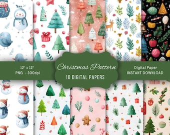 Papeles digitales navideños, fondo imprimible navideño, álbum de recortes de invierno, descarga de patrones sin costuras