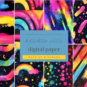 Neon Rainbow Digital Paper, Bright Colorful Patterns on Black Backgrounds, Scrapbook Patterns, Instant Download, Vibrant Designs