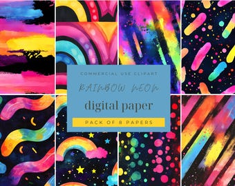 Neon Rainbow Digital Paper: Vibrant Scrapbook Patterns (Instant Download)