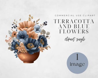 Terracotta and Blue Wedding Clipart, Watercolor Floral Designs, Digital Download for Rustic Invitations