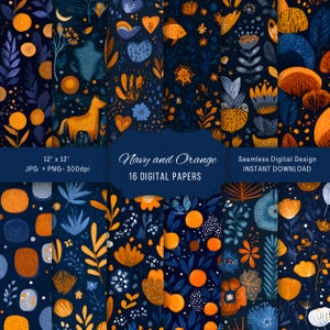 May include: Sixteen digital papers featuring navy and orange designs. The papers are 30.48 cm x 30.48 cm and available as JPG and PNG files at 300dpi. The designs include floral and abstract patterns with illustrations of a fox and flowers.