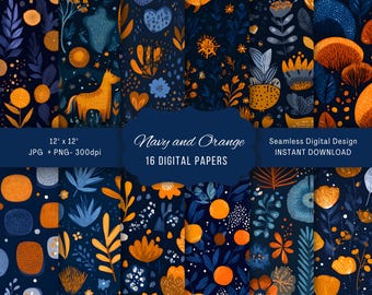Navy and Orange Digital Paper, Seamless Patterns, Printable Backgrounds, Commercial Use, Craft Supplies