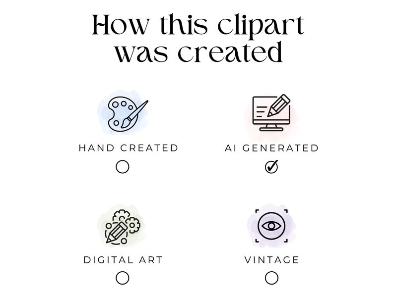 May include: A graphic with four icons representing different ways to create clipart. The first icon is a paintbrush and palette, the second is a computer screen with a pencil, the third is a pencil and gears, and the fourth is an eye inside a square. The text "How this clipart was created" is at the top of the graphic. Each icon has a circle underneath it with a checkmark or a circle. The computer screen icon has a checkmark, indicating that the clipart was AI generated.