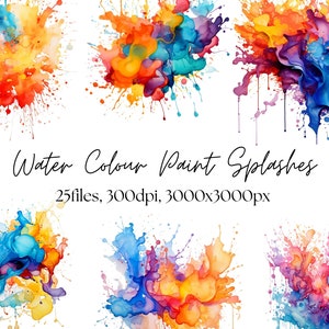 Clipart d&#39;éclaboussures de peinture aquarelle : éclaboussures de couleur abstraites PNG (téléchargement numérique)