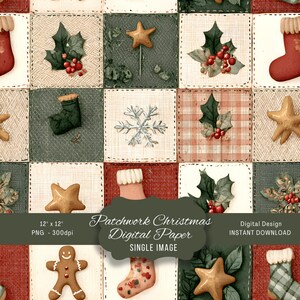 Könnte beinhalten: Ein Patchwork-Weihnachts-Digitalpapier-Design mit Quadraten, die festliche Elemente zeigen. Die Quadrate zeigen Strümpfe, Sterne, Schneeflocken, Stechpalmen und Lebkuchenmänner. Der Text auf dem Bild lautet "Patchwork Christmas Digital Paper" und "Digital Design INSTANT DOWNLOAD".