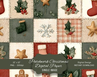 Christmas Patchwork Seamless Digital Paper, Festive Scrapbook Backgrounds, Cozy Patterns for Holiday Crafts