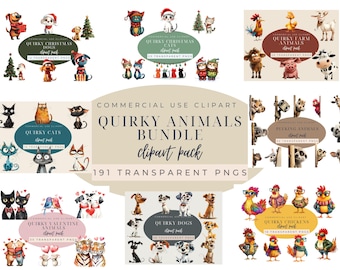 Quirky Animals Clipart, Funny Animal PNGs, Whimsical Digital Download, Craft Supplies, Commercial Use Graphics