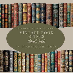 May include: A collection of vintage book spines in various colors, including red, gold, blue, and green. The spines feature ornate designs and are labeled "VINTAGE BOOK SPINES clipart pack" with 14 transparent PNGs.