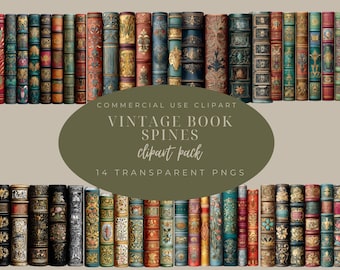 May include: A collection of vintage book spines in various colors, including red, gold, blue, and green. The spines feature ornate designs and are labeled "VINTAGE BOOK SPINES clipart pack" with 14 transparent PNGs.