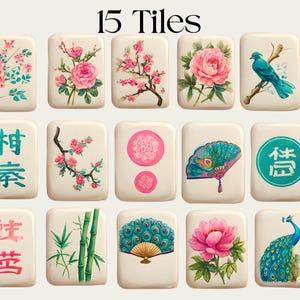 May include: Fifteen rectangular tiles with floral, bird, and fan designs. The tiles feature pink flowers, a blue bird, a peacock, and a fan. Some tiles have Chinese characters. The text "15 Tiles" is at the top.