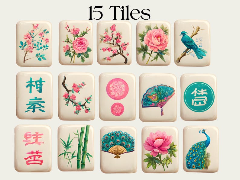 May include: Fifteen rectangular tiles with floral, bird, and fan designs. The tiles feature pink flowers, a blue bird, a peacock, and a fan. Some tiles have Chinese characters. The text "15 Tiles" is at the top.