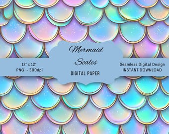 May include: Seamless digital paper featuring a repeating pattern of iridescent mermaid scales in shades of blue, purple, and pink. The design is 12 inches by 12 inches and 300 dpi.