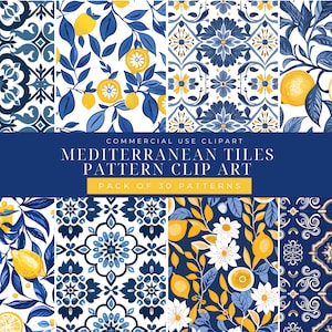 Mediterranean Tile Clip Art, Summer Clipart, Mediterranean Lemon Clipart, Blue Tiles, Commercial License, Seamless Pattern, Digital Download