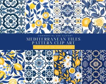 Mediterran Tile, Fliese Clipart: Zitrone & Blau (Muster)