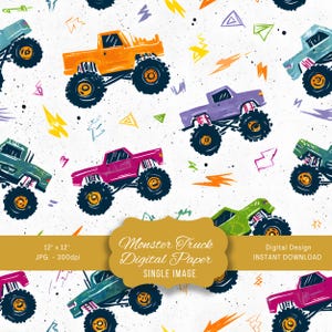 May include: A digital paper design featuring colorful monster trucks in shades of orange, pink, purple, green, and blue, set against a white background with scattered geometric shapes and lightning bolts. The design includes the text "Monster Truck Digital Paper".