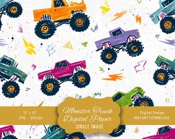 Monster Truck Digital Background Paper, Seamless Pattern for Kids, Fun Clipart, Printable Craft Supplies