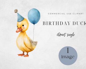 May include: Watercolor illustration of a yellow duck wearing a party hat and holding a blue balloon. The image includes the text "BIRTHDAY DUCK" and "clipart single". A blue circle with the number "1" and the word "image" is also present.