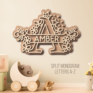 Cartello con nome per bambini in formato SVG, Cartello con nome per cameretta per bambini in formato SVG, Cartello con nome in legno in formato SVG, Cartello per cameretta, Nome per neonato, Monogramma diviso in formato SVG