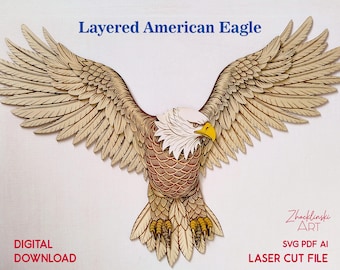 File per taglio laser a forma di aquila. Insegna patriottica a quattro strati in formato SVG (download digitale)