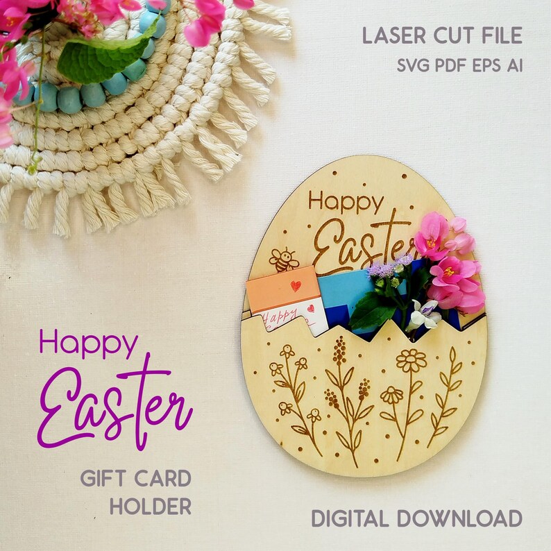 Puede incluir: Un tarjetero de madera con forma de huevo de Pascua con las palabras "Happy Easter" y dise&ntilde;os florales. El soporte contiene tarjetas coloridas y flores rosas. El texto de la imagen dice "LASER CUT FILE" y "DIGITAL DOWNLOAD".